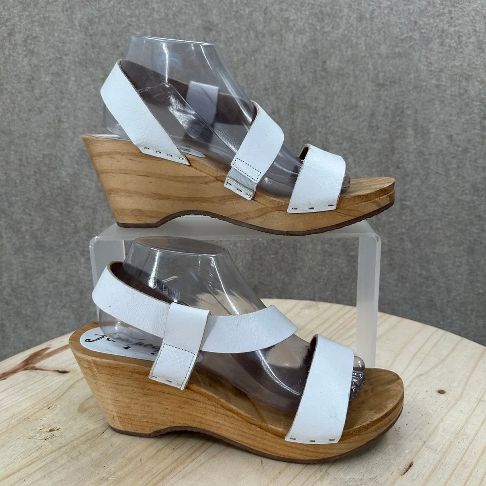 Free People Wedge Sandals Womens 10-10.5 White Leather Wood Platform Spain